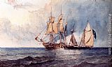 Clarkson Stanfield A Man-O-War And Pirate Ship At Full Sail On Open Seas painting